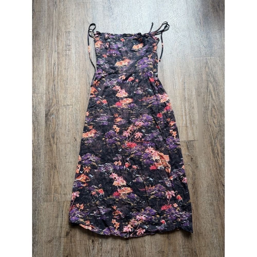 Free People Flamingo Tropical Print Midi Dress Purple Orange Tie Strap Size 4
